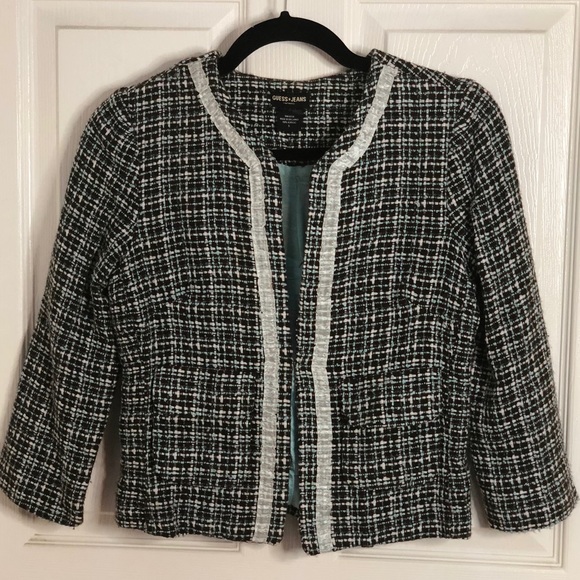 Guess Tiffany Blue Tweed Collarless Jacket - Picture 2 of 5